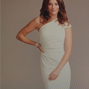 David's Bridal Cream Asymmetrical Ribbed Sheath Dress